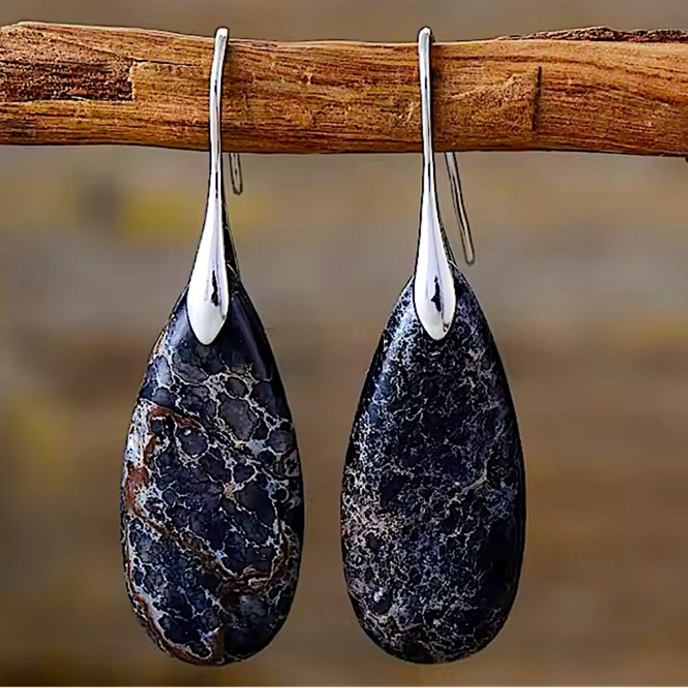 Handcrafted Imperial Black White Natural Stone Earrings Silver